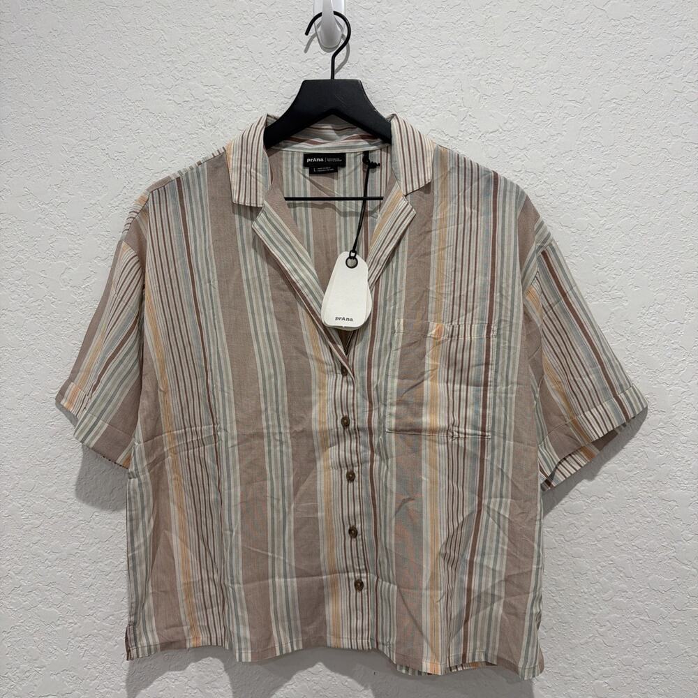 Prana NWT Iguala Cropped Button Front Top Clay Stripe Size Large